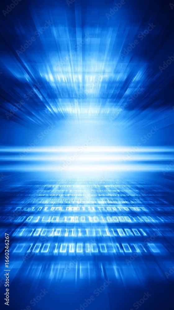 Poster An abstract, futuristic image of a data stream with glowing light and binary code.