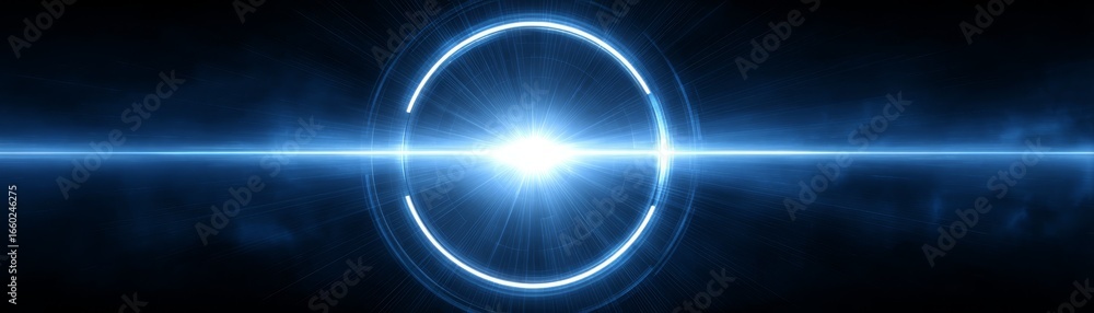 Poster a glowing light source with a surrounding circle and horizontal beam on a dark background.