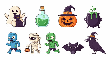 Obraz premium Halloween Cartoon Character Collection - Ghost, Potion, Pumpkin, Cauldron, Mummy, Zombie, Bat, Crow.