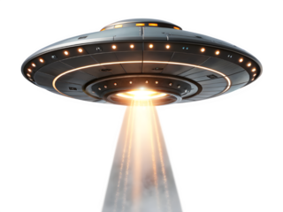 Futuristic alien spaceship with glowing beam of light on black background