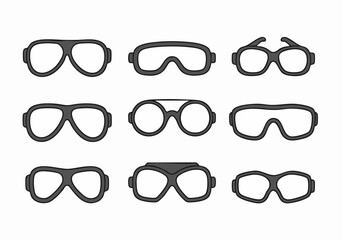Collection of Various Safety, Sport, and Fashion Eyewear Icons and Goggles in Flat Design