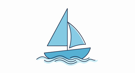 Simple Blue Sailboat Icon on Water Waves.