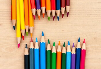 Fototapeta premium Vibrant colored pencils arranged on a textured wood surface, wood, supplies