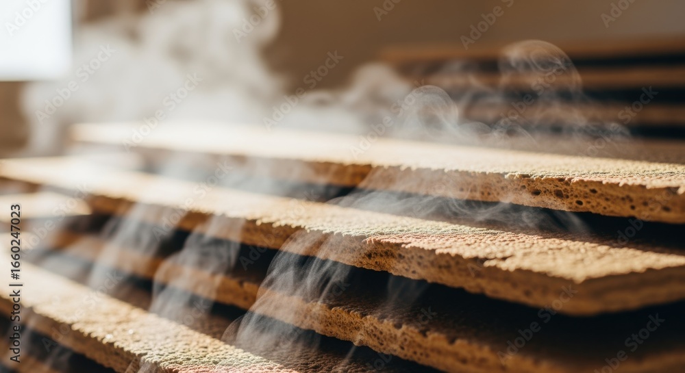 Poster side shot showing moisture evaporation from mycelium panels during the curing stage emphasizing natu