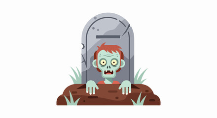 Cartoon Zombie Emerging from Grave with Headstone.