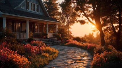 Suburban home exterior at golden hour, front porch and driveway, warm sunlight, soft shadows.