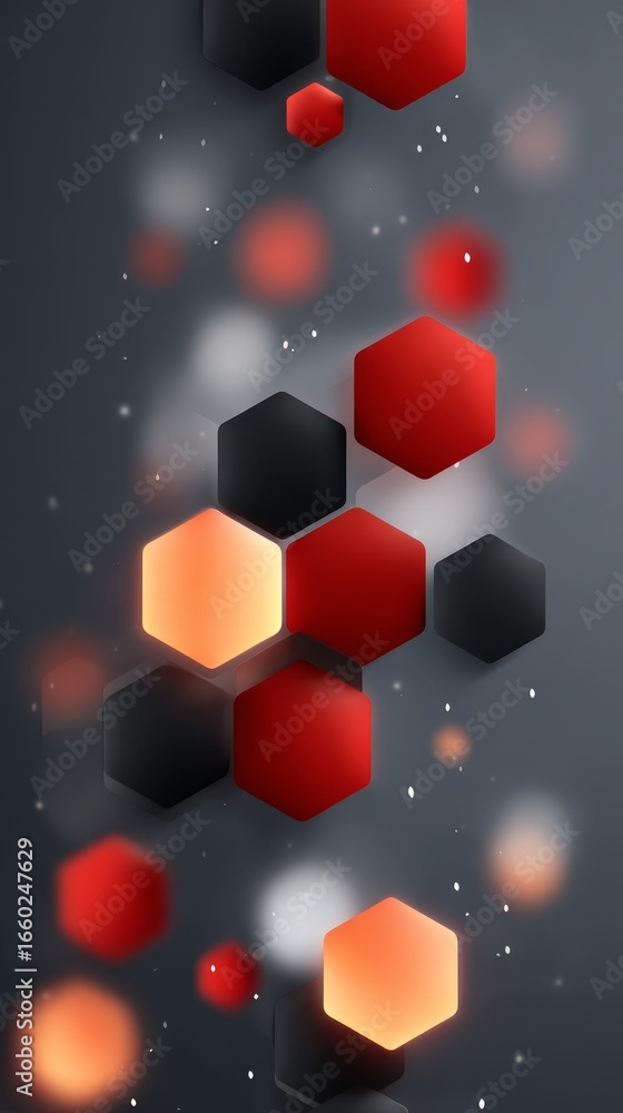 Poster modern abstract digital art background featuring a chaotic cluster of glossy red and black geometric