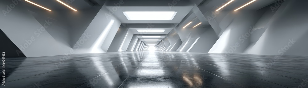 Poster an endless minimalistic hallway with a towering ceiling and a long seamless wall creating a powerful