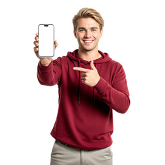young man holding a phone and pointing it isolated on white