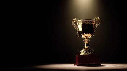 Golden trophy on red velvet podium shining under spotlight with black background, solemn atmosphere symbolizing success and honor for celebration and business design