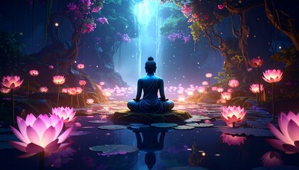 A serene, meditative figure of Buddha sits amidst a glowing lotus pond in a mystical, night forest.