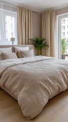 This bedroom showcases a serene ambiance with soft textures, natural light, and a lush potted plant enhancing the tranquility