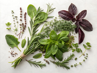 A variety of fresh herbs and leafy greens arranged on a white surface