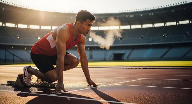 Athlete at the starting blocks, ready to compete in a track and field event at a stadium