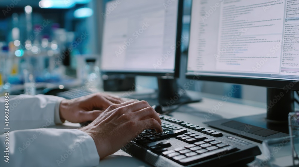 Aufkleber focused medium shot of a lab technician verifying chatbot medical notes hands typing on keyboard wit