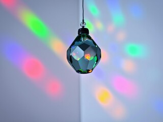 Disco ball ornament casting colorful light patterns on walls