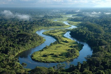 Aerial view of a winding river cutting through a lush, vibrant green rainforest under a cloudy sky