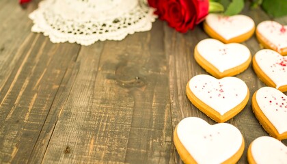 Heart-shaped cookies with white icing and red sprinkles, arranged on a rustic wooden surface, with a lace doily and a red rose.