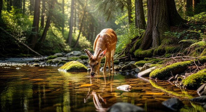 Fototapeta Young Deer Drinking Water from a Serene Stream in a Sunlit Forest