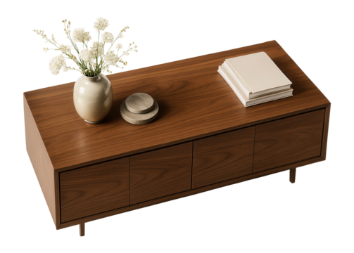 Top view of a sideboard table with decorative items.