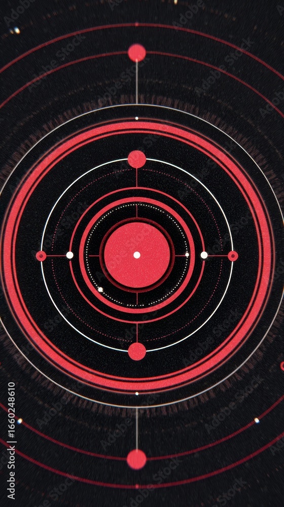 Poster abstract geometric artwork featuring a bold red and black circular design with a bright white centra