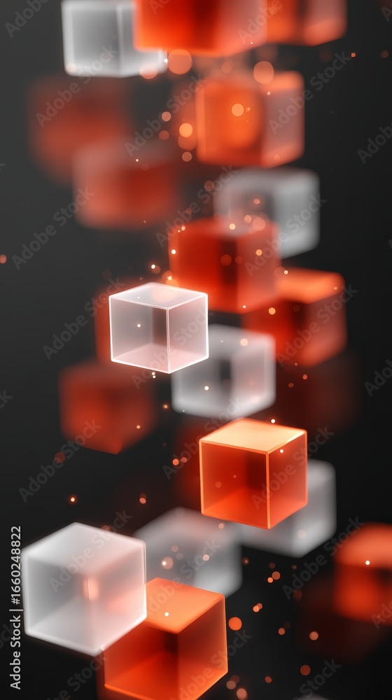 Poster abstract digital background with a surreal composition of geometric cube shapes floating and levitat