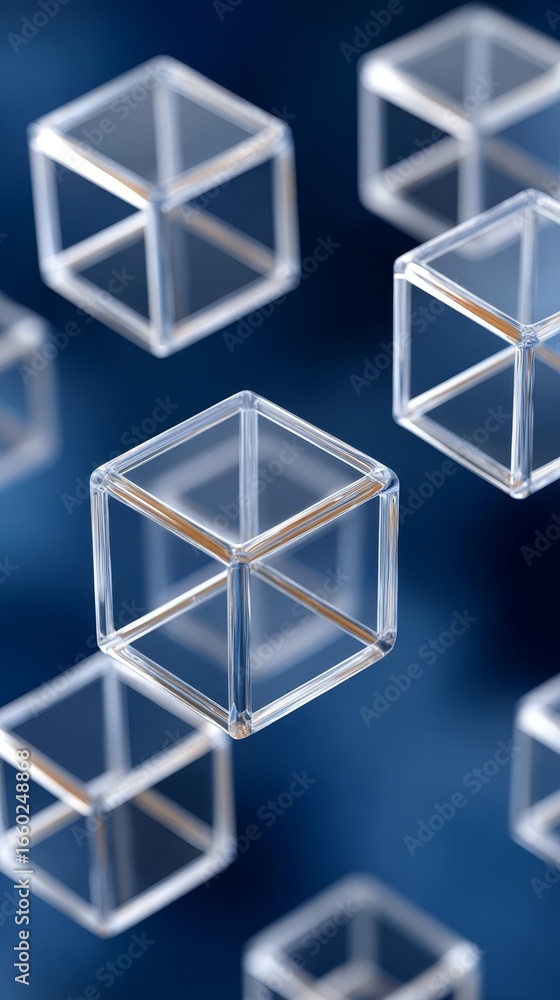 Poster abstract 3d rendering of a geometric composition featuring a cluster of stacked cubes on a vibrant b