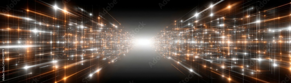 Poster exploring a dark futuristic underground passage with shimmering metallic surfaces and glowing overhe