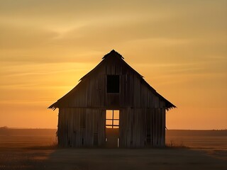 old weathered wooden barn silhouette against dramatic golden sunset sky