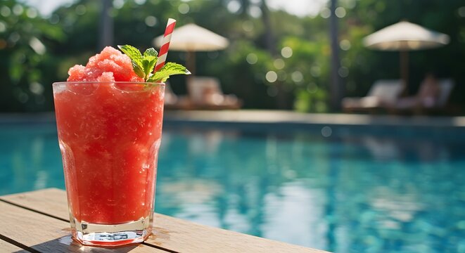 Refreshing watermelon granita cocktail by the pool evokes summer vibes and luxury travel