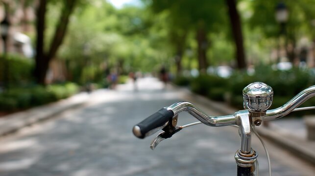 Crisp medium shot of a bicycle handlebar with a bell in clear focus the treelined street behind gently blurred conveying urban leisure and travel.