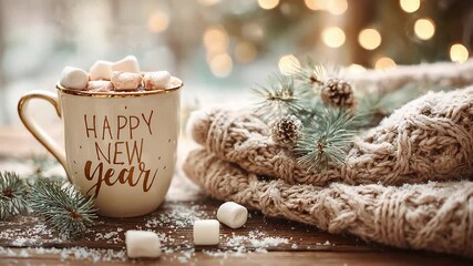 Enjoying hot cocoa with marshmallows on a cozy table decorated for New Year celebrations - Powered by Adobe
