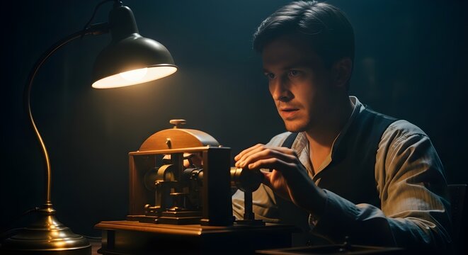 Vintage scene of a man intently operating an old telegraph or morse code device in a dark room