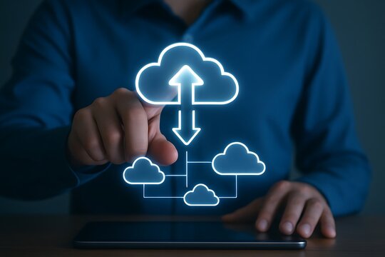 Man interacting with cloud computing concept on digital tablet in dark room - Powered by Adobe