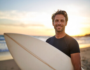 Smiling surfer enjoys sunset by the beach with surfboard in hand, capturing the essence of summer activities