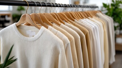 Obraz premium Knitted sweaters in warm shades hang neatly on wooden hangers, highlighting textures and inviting customers during a cool season