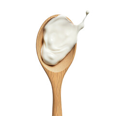 Wooden spoon with dollop of cream or yogurt, capturing the texture and smoothness on transparent background