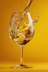 Liquid pours into a stemmed glass, creating a splash against a warm yellow backdrop