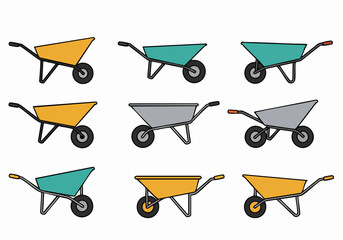 Diverse collection of colorful wheelbarrow illustrations for various gardening, construction, and utility tasks, perfect for design and project themes.