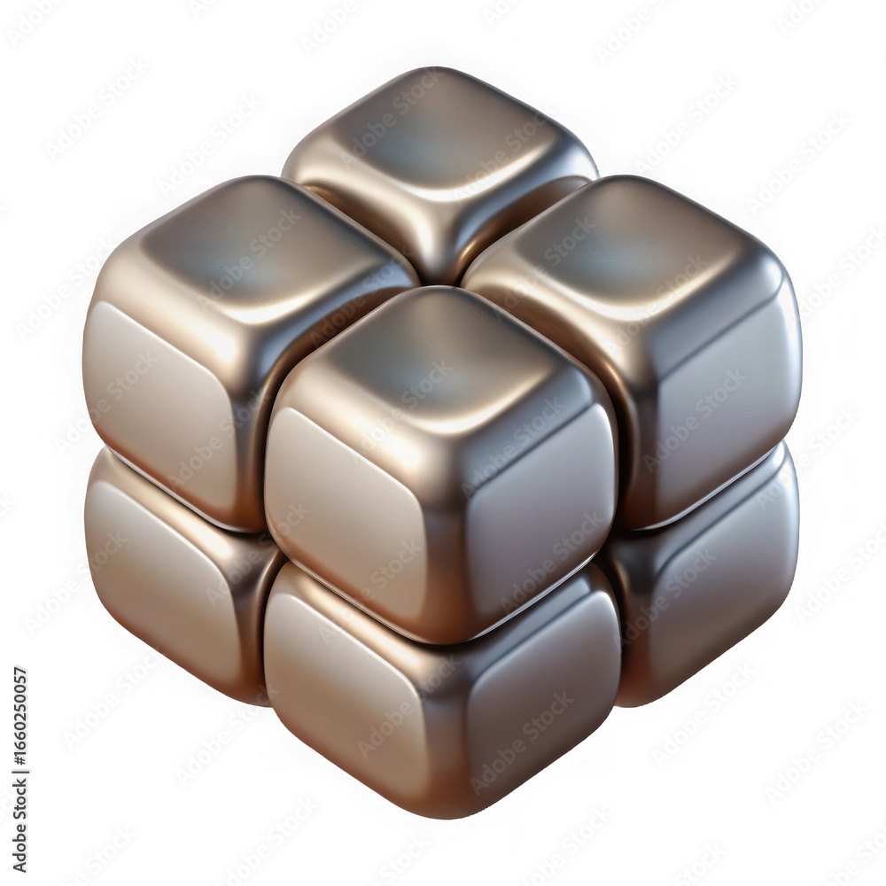 Fototapete a cluster of shiny metallic cubes with rounded edges arranged in a geometric pattern isolated on tra