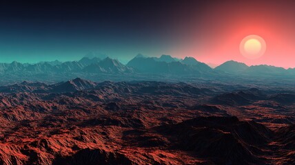 Black and red canyon bathed in alien light with surreal depth, barren landscape expressing futuristic fantasy mood for conceptual design background