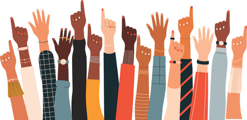 Diverse hands raised up, multicultural group of people showing unity, support, vote, solidarity, activism, protest, teamwork, inclusion illustration