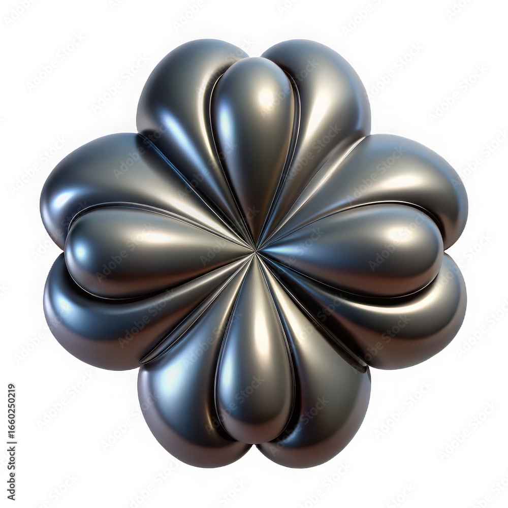 Poster abstract metallic flower shape with iridescent sheen and smooth rounded petals forming a symmetrical