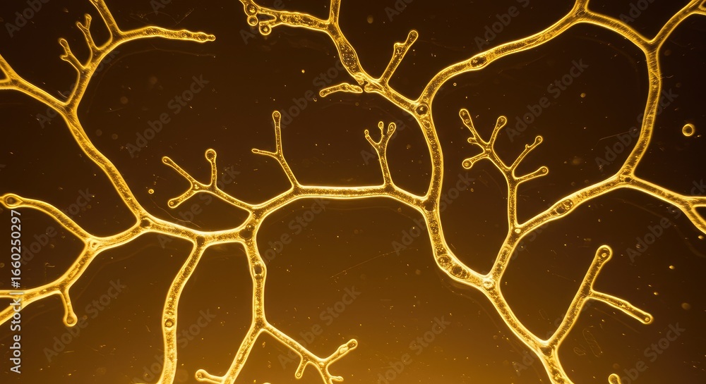 Poster golden microscopic network: intricate branching structure in amber light