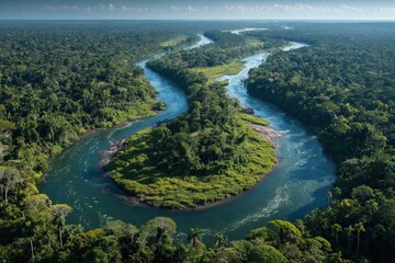 Aerial shot showcases a winding, wide river flowing through a dense, vibrant green rainforest. Lush vegetation surrounds the waterway