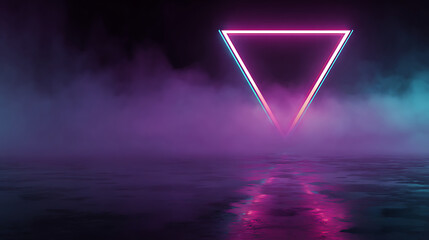 Glowing neon triangle in misty reflective dark environment with futuristic ambiance