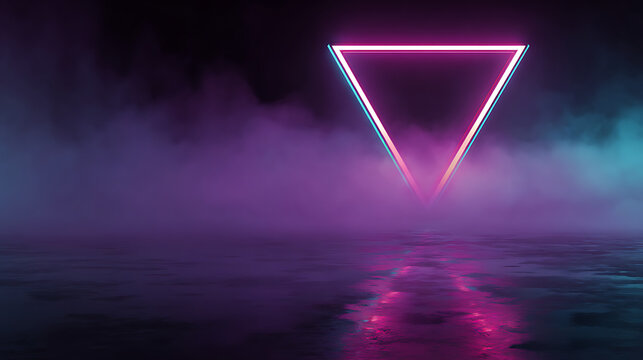 Glowing neon triangle in misty reflective dark environment with futuristic ambiance