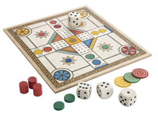 Colorful vintage board game with dice and playing pieces