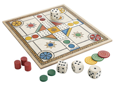 Colorful vintage board game with dice and playing pieces