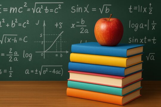 Stack of colorful books with an apple set against a chalkboard background with mathematical formulas